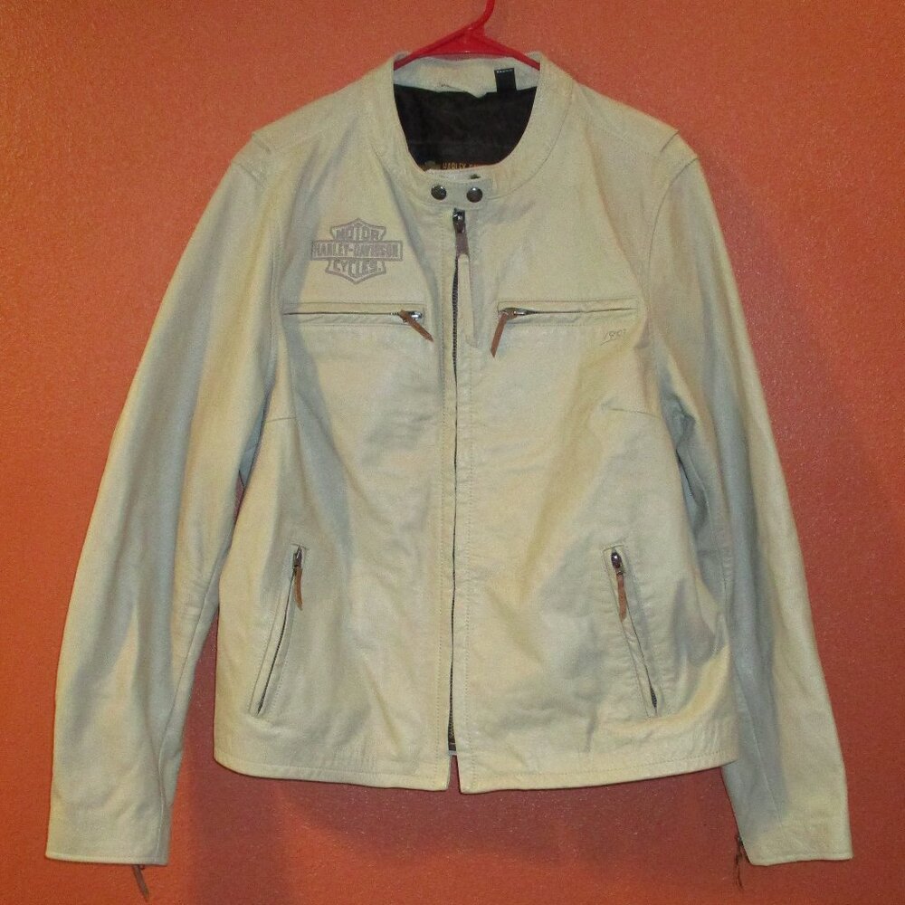 Harley Davidson Jacket Woman 2X Large Tan Gray Full Zip Pockets Leather Jacket